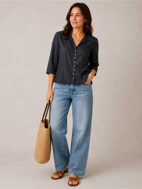Vintage Black Linen peplum button down shirt, cutout scalloped detail, petite M